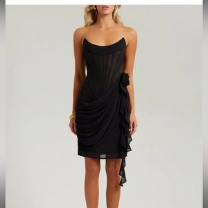 BLACK CHIFFON MESH CORSET FLOWER DRAPE MIDI DRESS